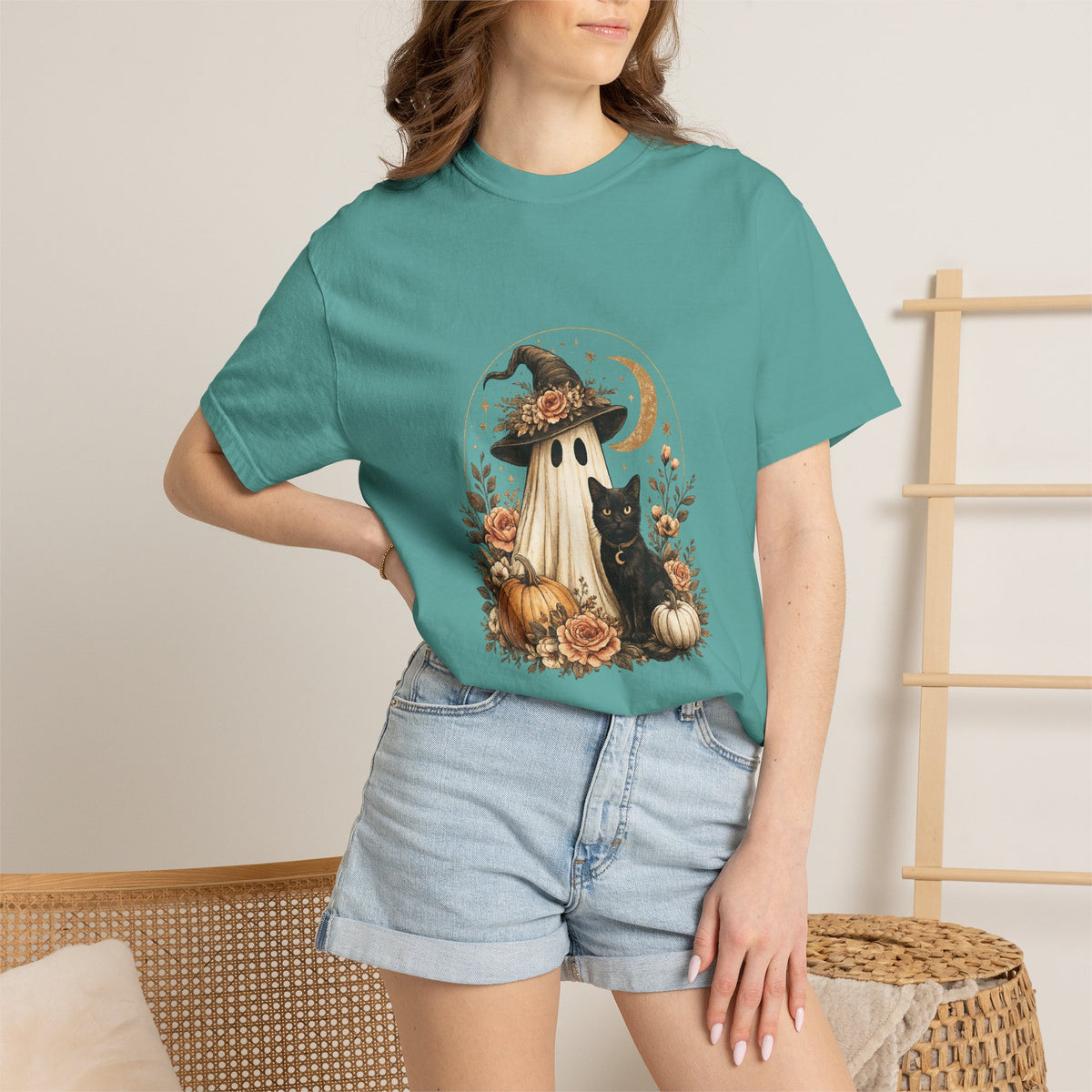 Halloween Ghost & Black Cat T-Shirt — Pumpkin Witch Hat Fall Tee