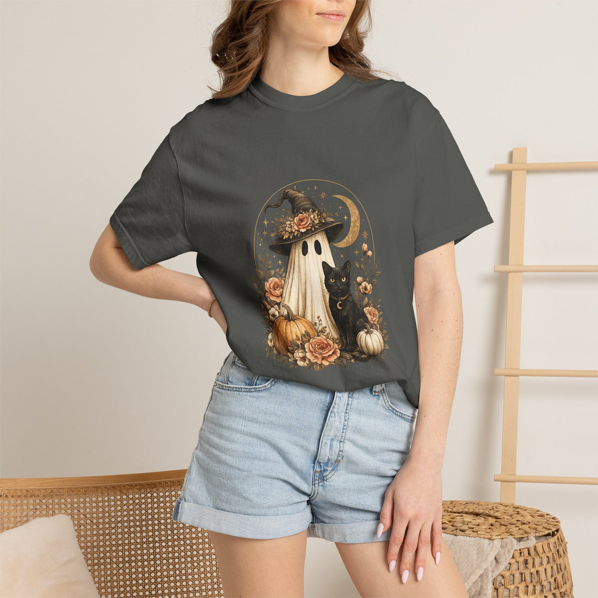 Halloween Ghost & Black Cat T-Shirt — Pumpkin Witch Hat Fall Tee