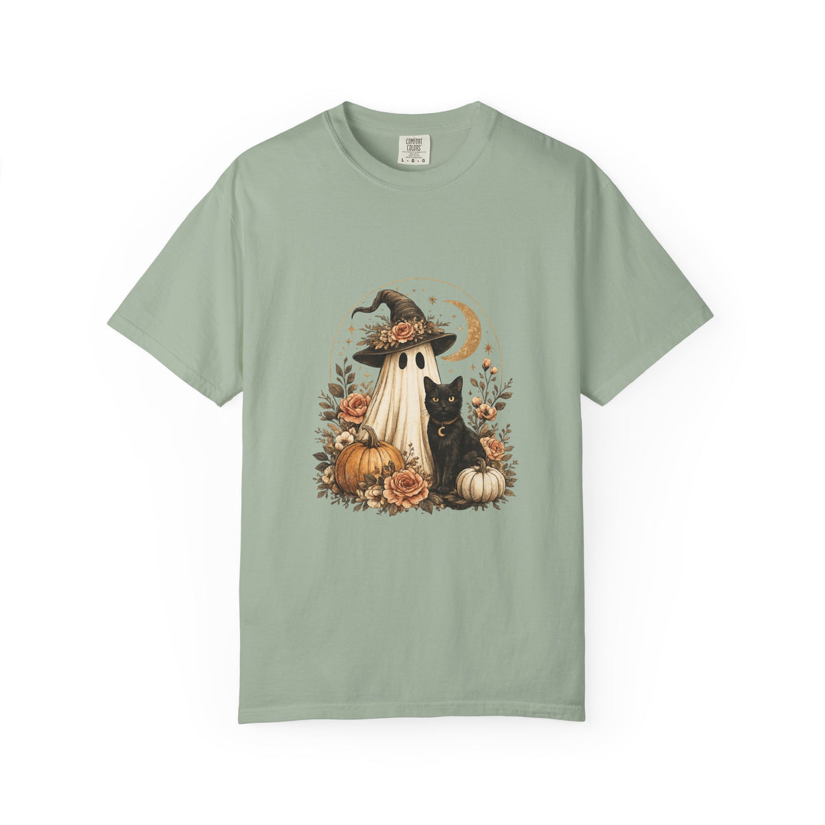 Halloween Ghost & Black Cat T-Shirt — Pumpkin Witch Hat Fall Tee