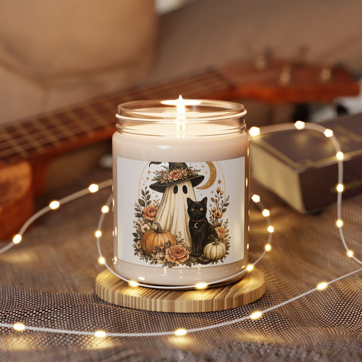Autumn Ghost & Black Cat Soy Candle — 9oz Halloween Pumpkin Scented Candle