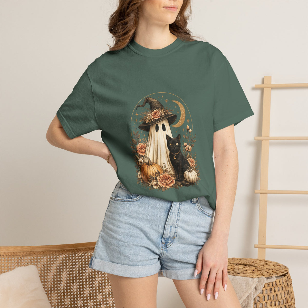 Halloween Ghost & Black Cat T-Shirt — Pumpkin Witch Hat Fall Tee