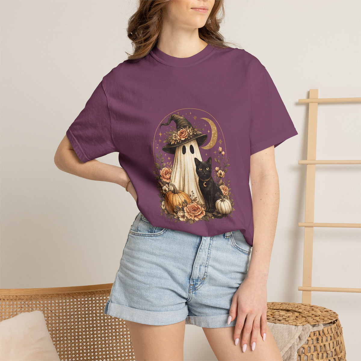 Halloween Ghost & Black Cat T-Shirt — Pumpkin Witch Hat Fall Tee