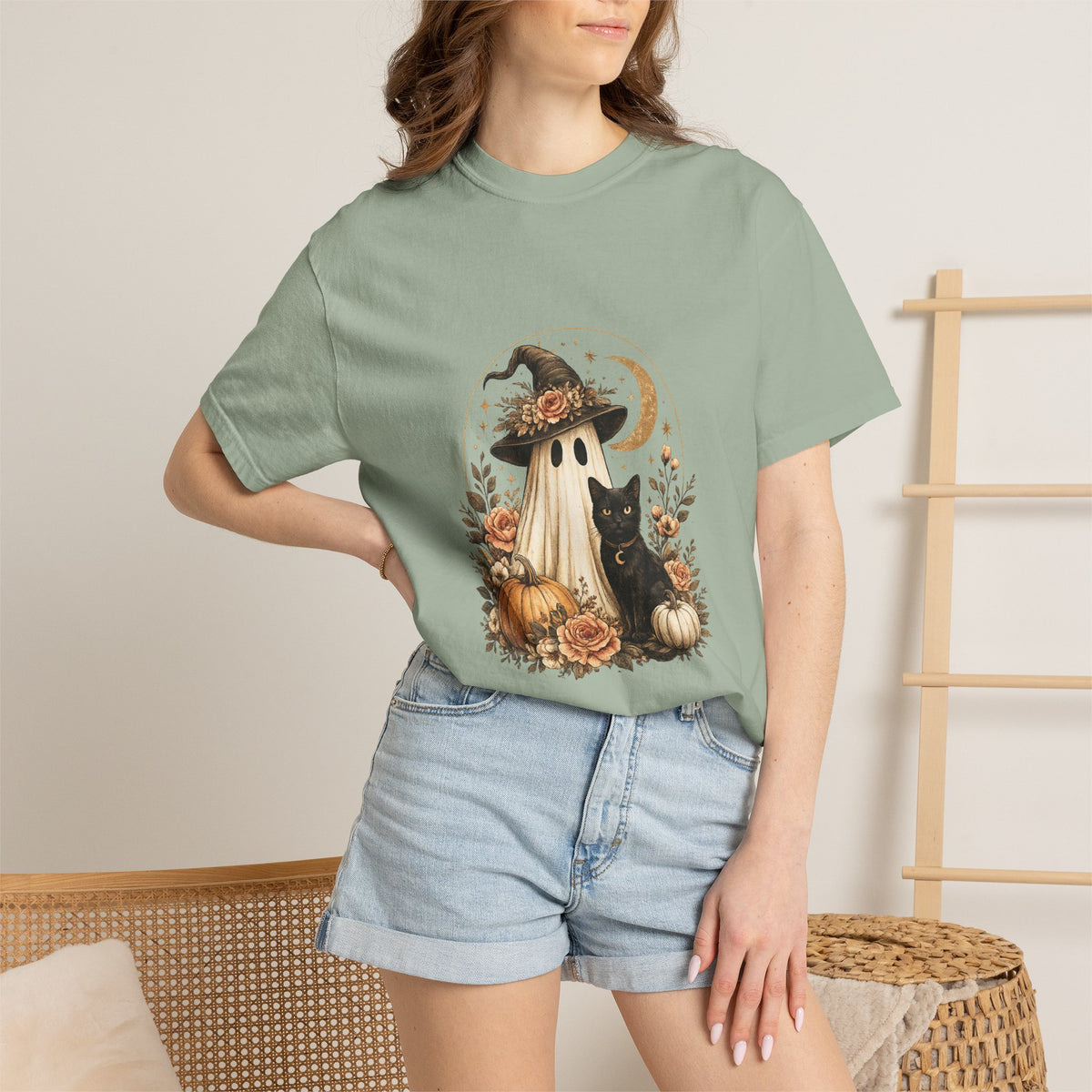 Halloween Ghost & Black Cat T-Shirt — Pumpkin Witch Hat Fall Tee