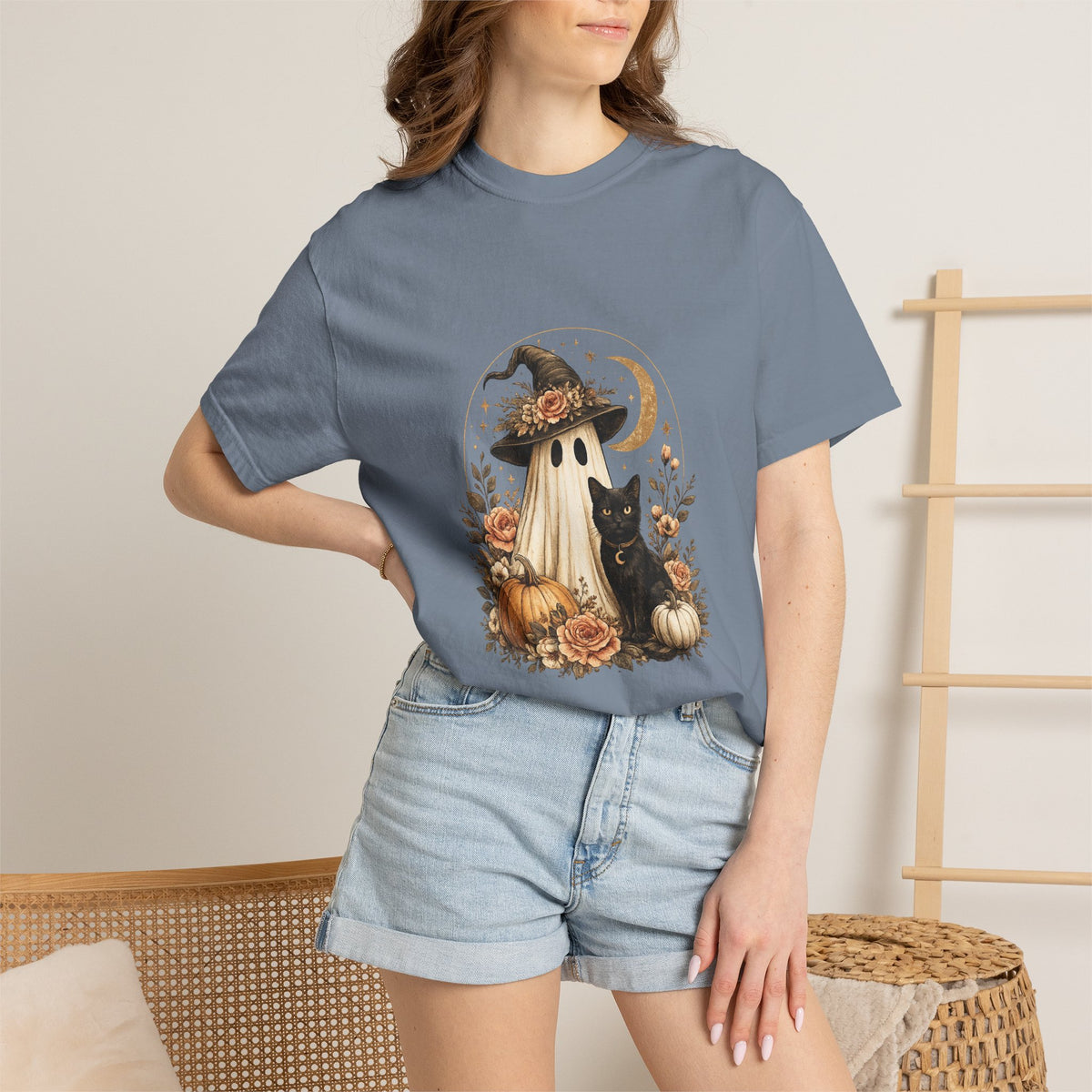 Halloween Ghost & Black Cat T-Shirt — Pumpkin Witch Hat Fall Tee