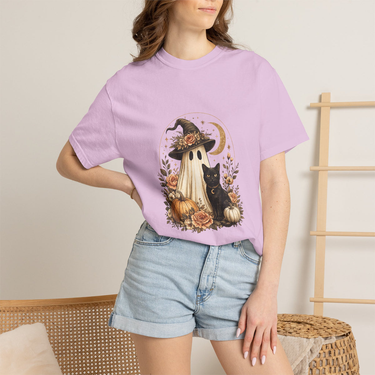 Halloween Ghost & Black Cat T-Shirt — Pumpkin Witch Hat Fall Tee