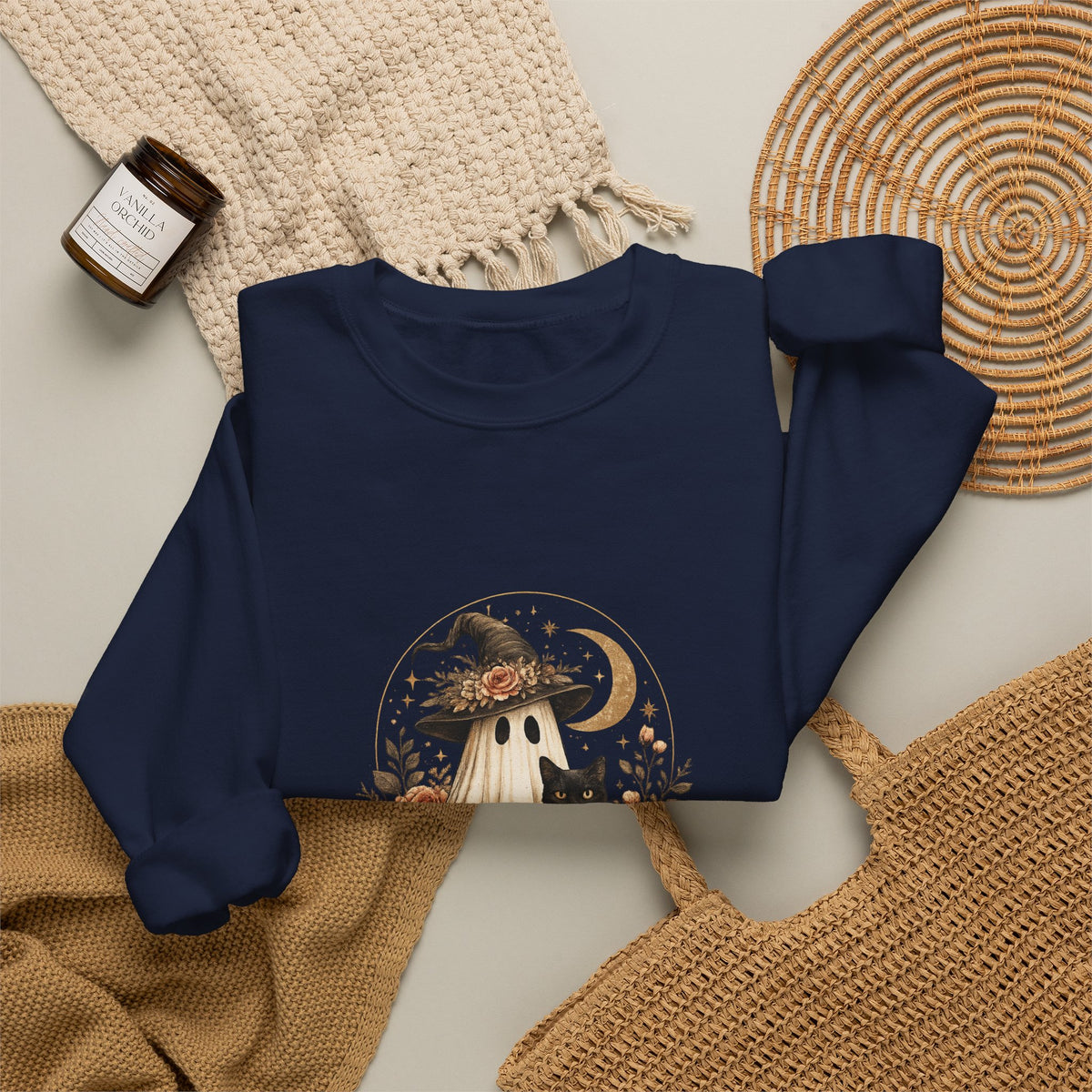 Halloween Ghost & Black Cat Sweatshirt — Cute Pumpkin Witch Crewneck