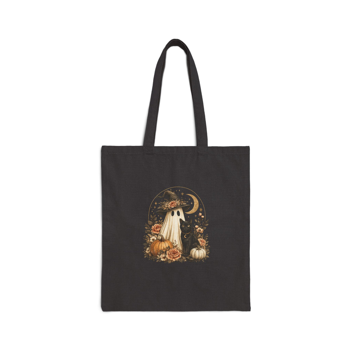Halloween Witch & Black Cat Canvas Tote — Pumpkin Fall Market Bag