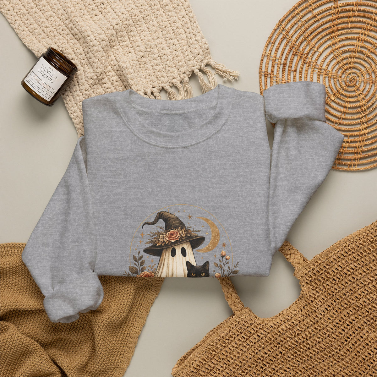 Halloween Ghost & Black Cat Sweatshirt — Cute Pumpkin Witch Crewneck