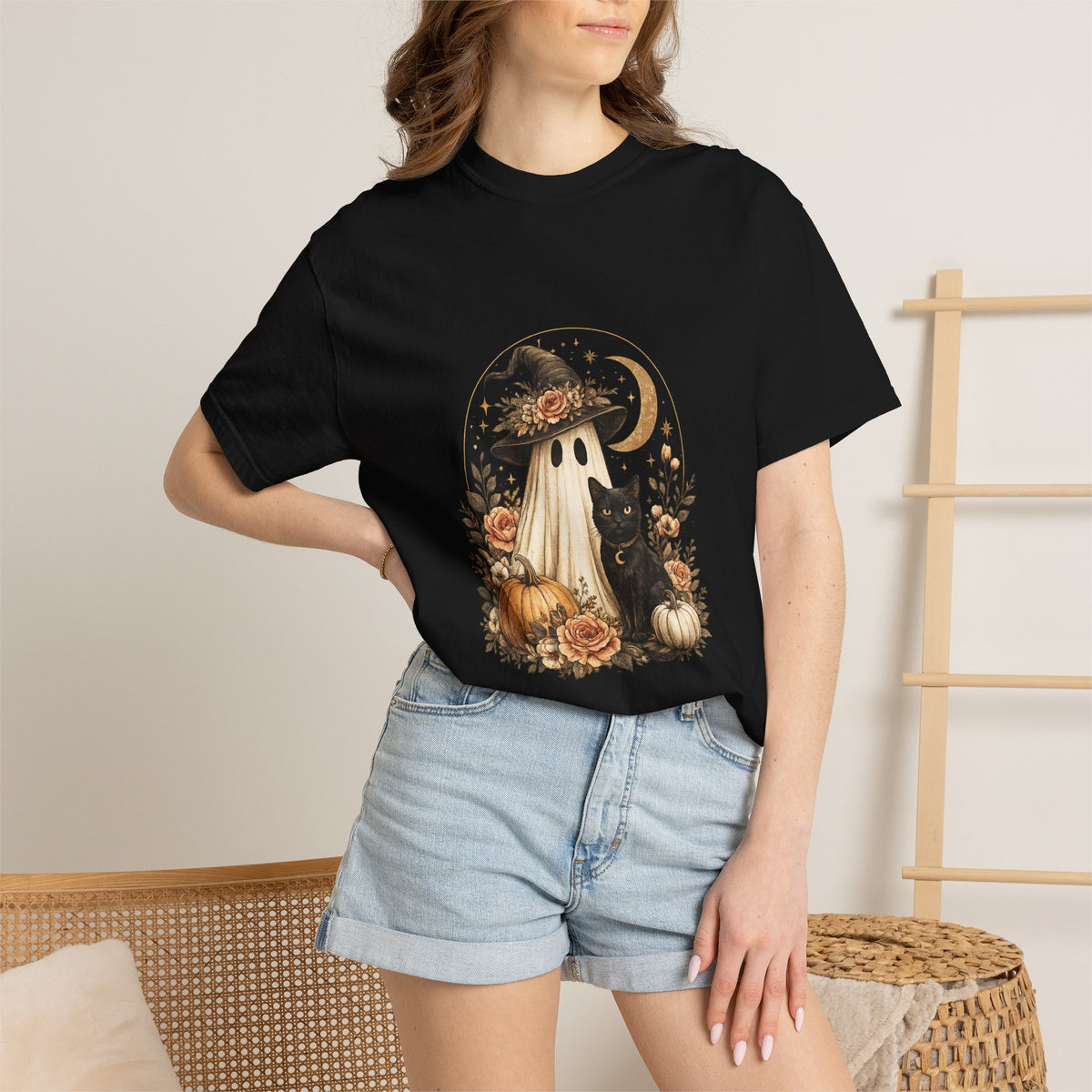 Halloween Ghost & Black Cat T-Shirt — Pumpkin Witch Hat Fall Tee