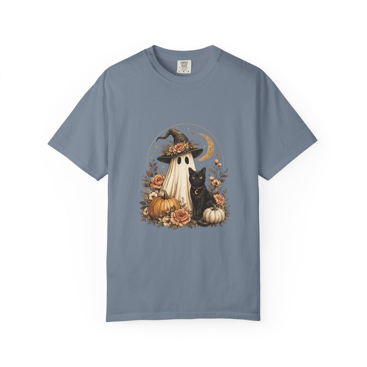 Halloween Ghost & Black Cat T-Shirt — Pumpkin Witch Hat Fall Tee