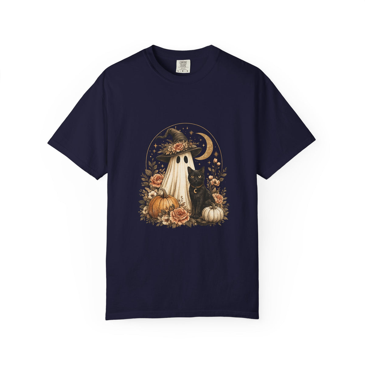 Halloween Ghost & Black Cat T-Shirt — Pumpkin Witch Hat Fall Tee