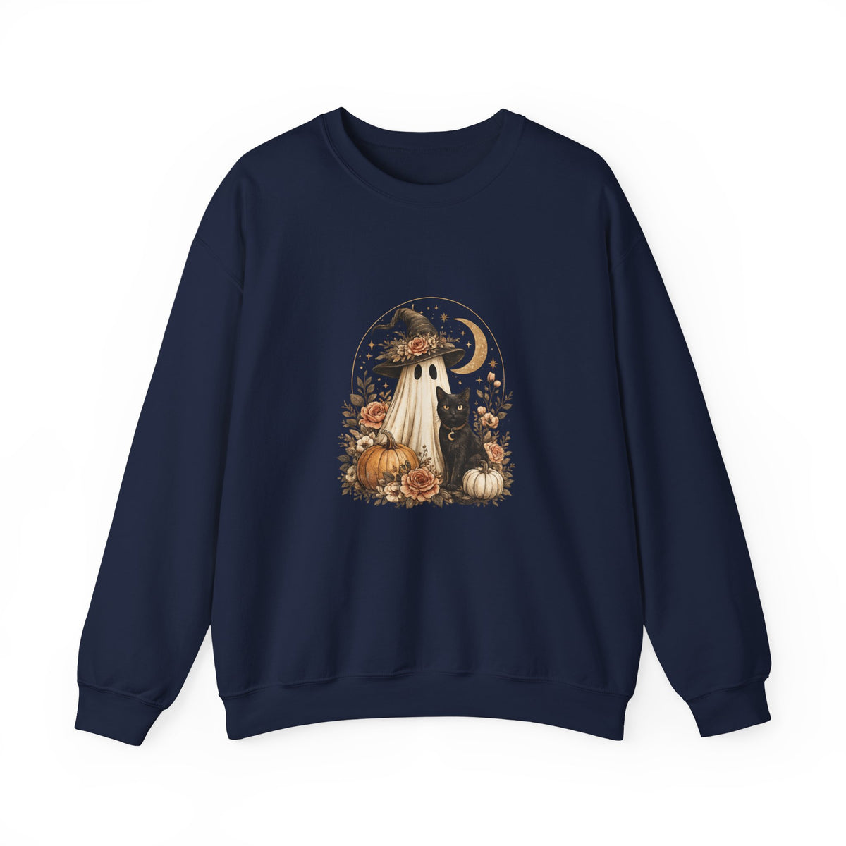 Halloween Ghost & Black Cat Sweatshirt — Cute Pumpkin Witch Crewneck