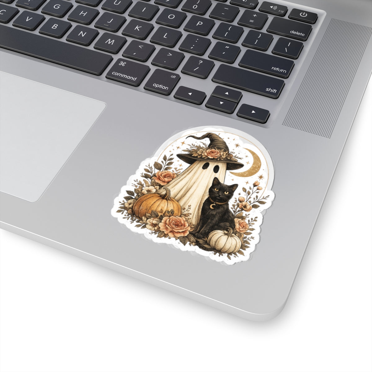 Autumn Witch & Black Cat Kiss-Cut Sticker — Halloween Pumpkin Ghost Floral Decal