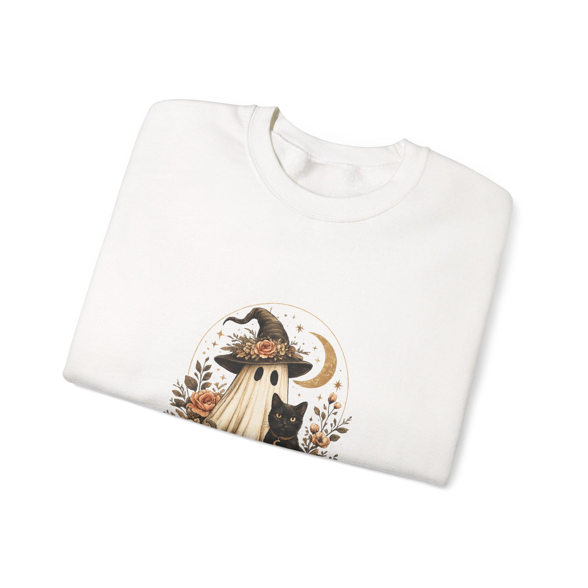 Halloween Ghost & Black Cat Sweatshirt — Cute Pumpkin Witch Crewneck