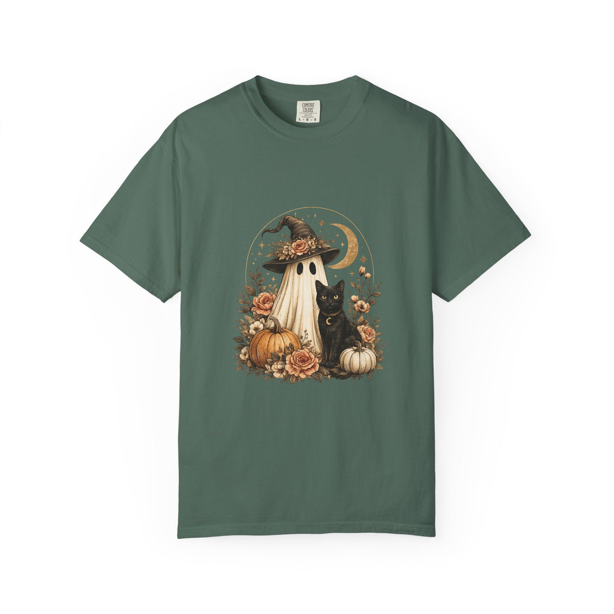 Halloween Ghost & Black Cat T-Shirt — Pumpkin Witch Hat Fall Tee