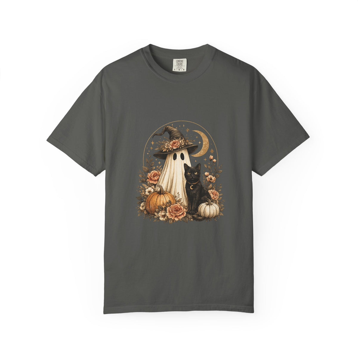 Halloween Ghost & Black Cat T-Shirt — Pumpkin Witch Hat Fall Tee