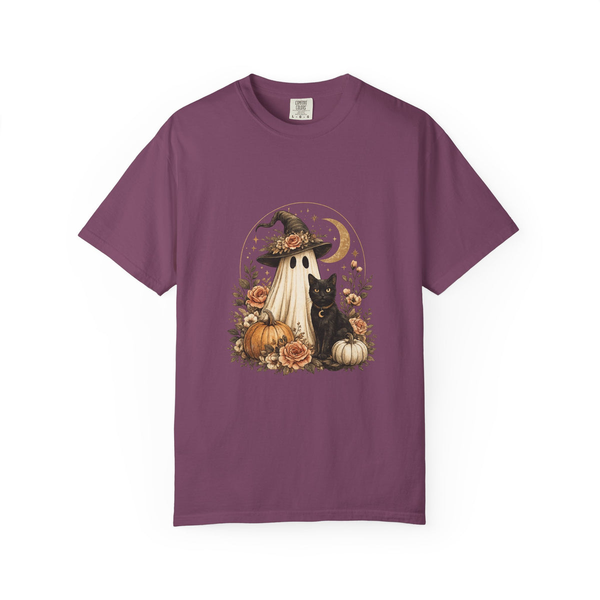 Halloween Ghost & Black Cat T-Shirt — Pumpkin Witch Hat Fall Tee