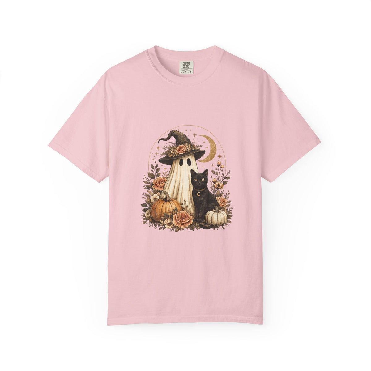 Halloween Ghost & Black Cat T-Shirt — Pumpkin Witch Hat Fall Tee