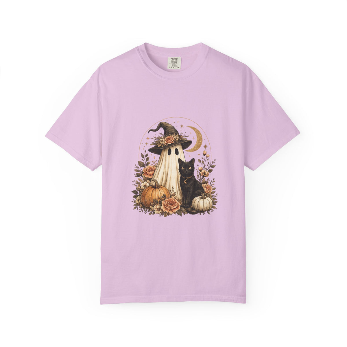 Halloween Ghost & Black Cat T-Shirt — Pumpkin Witch Hat Fall Tee