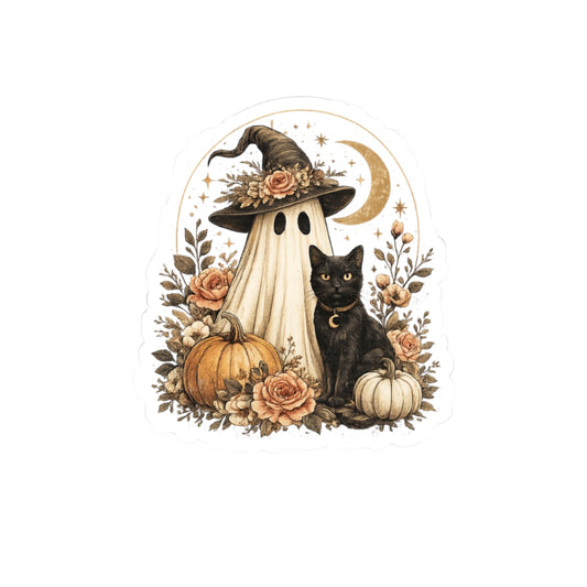 Autumn Witch & Black Cat Kiss-Cut Sticker — Halloween Pumpkin Ghost Floral Decal