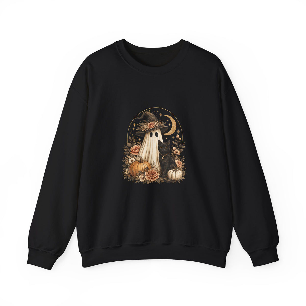 Halloween Ghost & Black Cat Sweatshirt — Cute Pumpkin Witch Crewneck