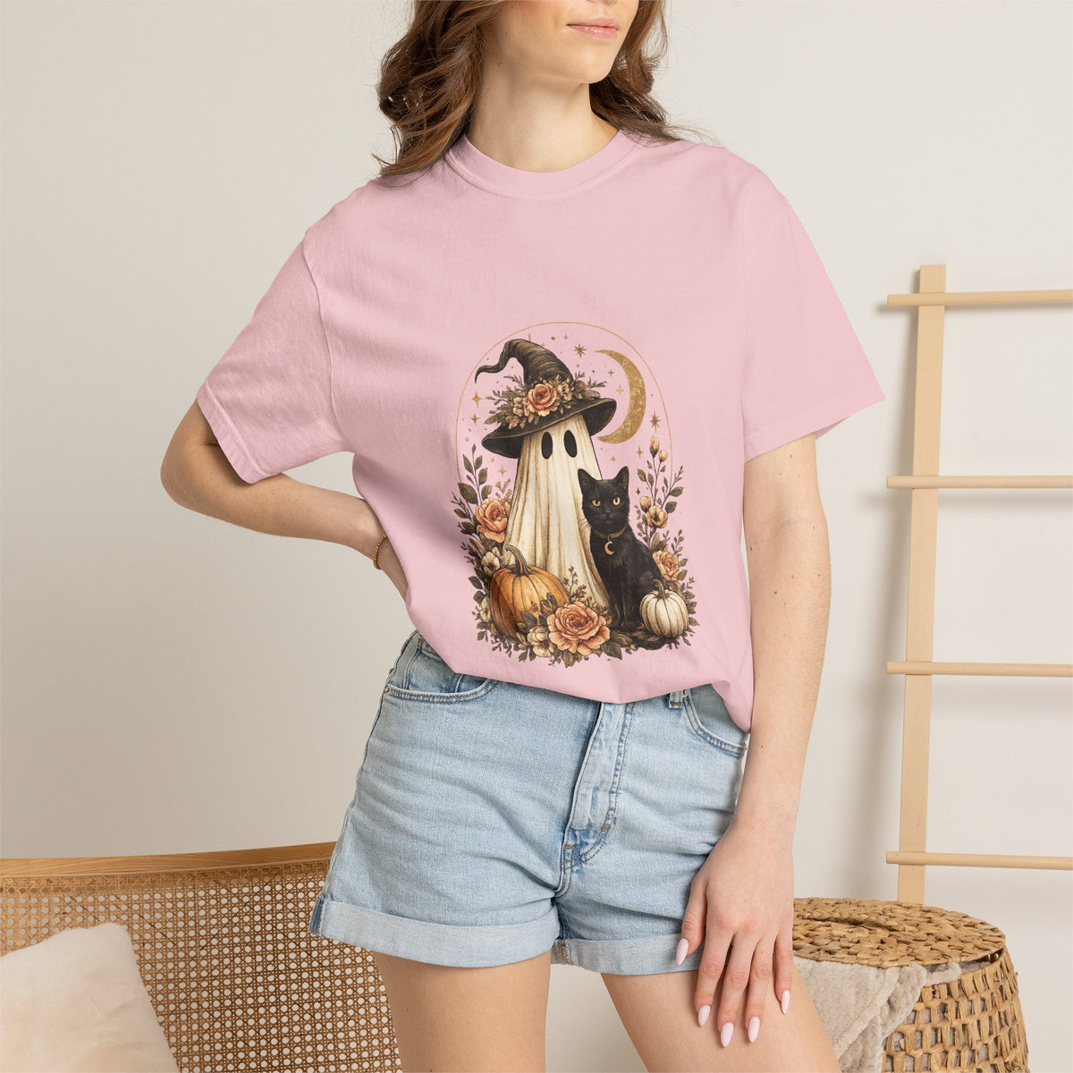 Halloween Ghost & Black Cat T-Shirt — Pumpkin Witch Hat Fall Tee