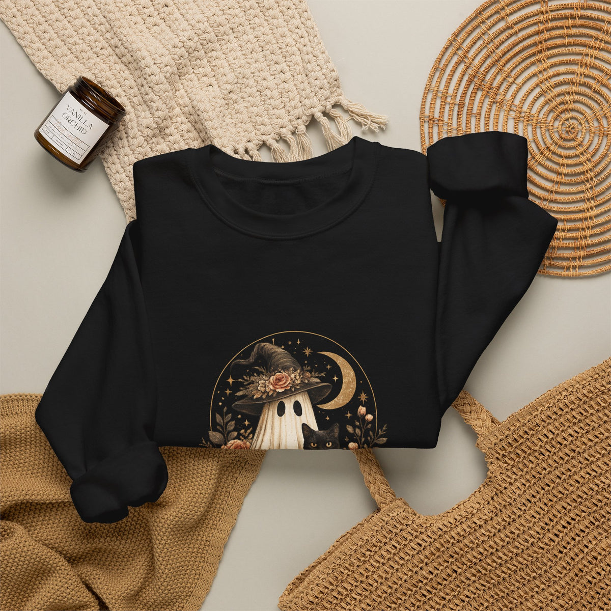 Halloween Ghost & Black Cat Sweatshirt — Cute Pumpkin Witch Crewneck