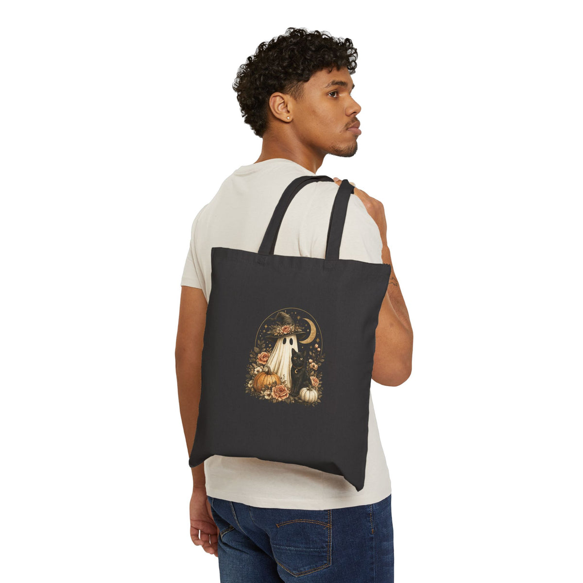 Halloween Witch & Black Cat Canvas Tote — Pumpkin Fall Market Bag