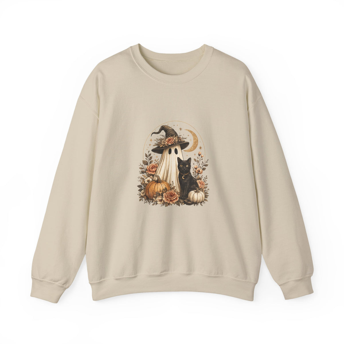 Halloween Ghost & Black Cat Sweatshirt — Cute Pumpkin Witch Crewneck