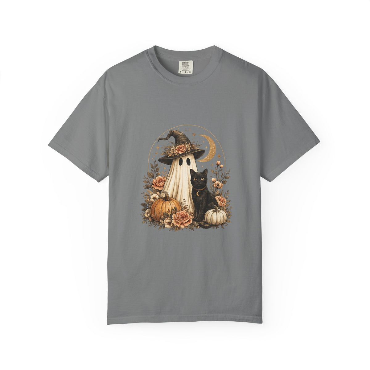 Halloween Ghost & Black Cat T-Shirt — Pumpkin Witch Hat Fall Tee