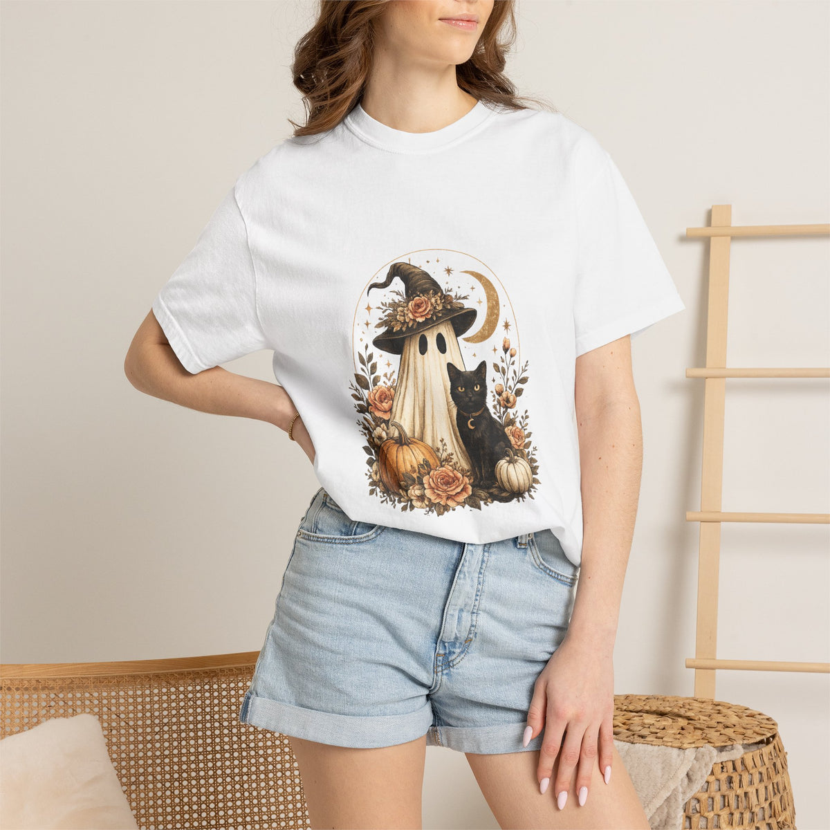 Halloween Ghost & Black Cat T-Shirt — Pumpkin Witch Hat Fall Tee