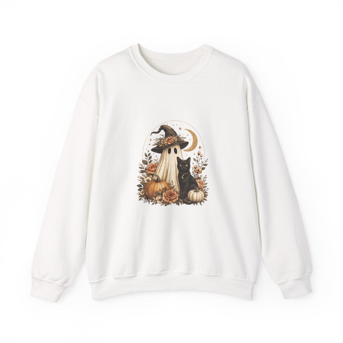 Halloween Ghost & Black Cat Sweatshirt — Cute Pumpkin Witch Crewneck