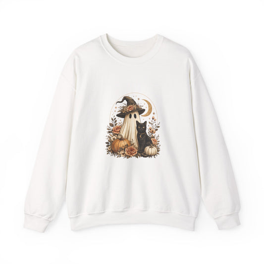 Halloween Ghost & Black Cat Sweatshirt — Cute Pumpkin Witch Crewneck