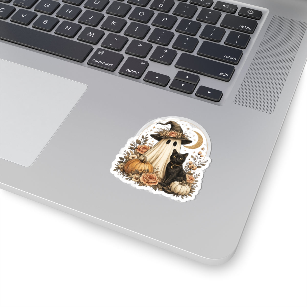 Autumn Witch & Black Cat Kiss-Cut Sticker — Halloween Pumpkin Ghost Floral Decal