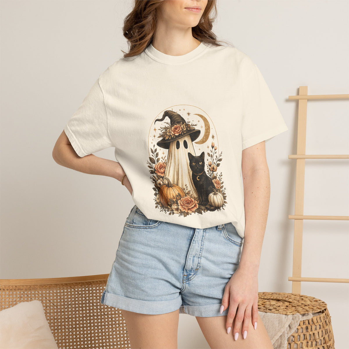 Halloween Ghost & Black Cat T-Shirt — Pumpkin Witch Hat Fall Tee