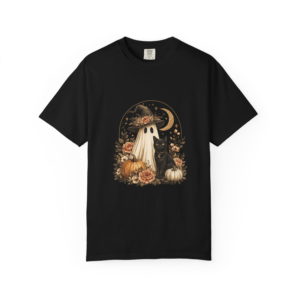 Halloween Ghost & Black Cat T-Shirt — Pumpkin Witch Hat Fall Tee