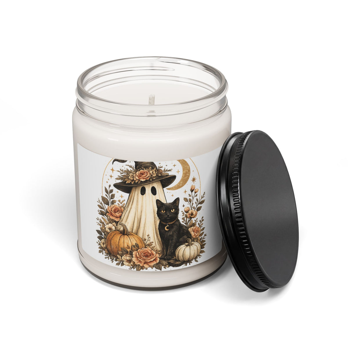 Autumn Ghost & Black Cat Soy Candle — 9oz Halloween Pumpkin Scented Candle
