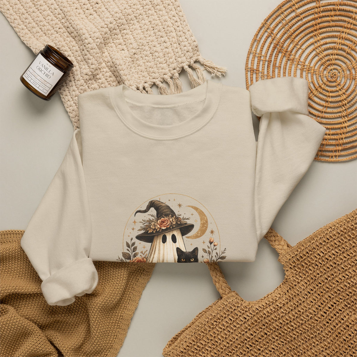 Halloween Ghost & Black Cat Sweatshirt — Cute Pumpkin Witch Crewneck