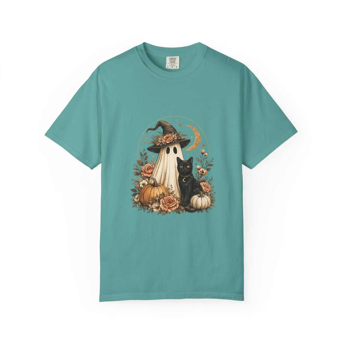 Halloween Ghost & Black Cat T-Shirt — Pumpkin Witch Hat Fall Tee
