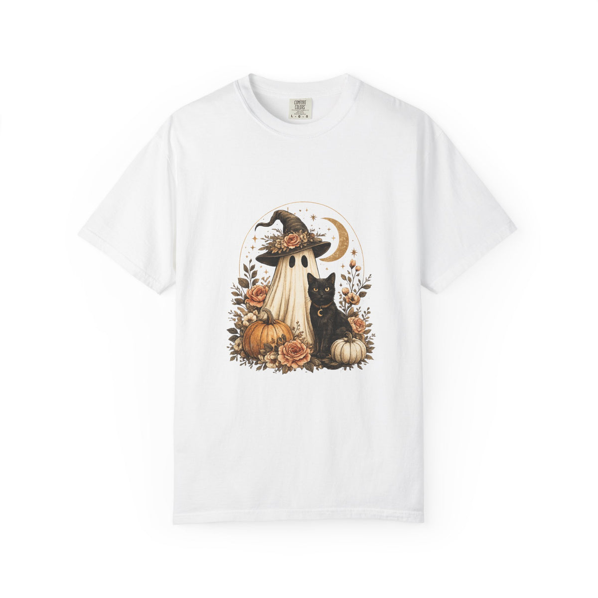 Halloween Ghost & Black Cat T-Shirt — Pumpkin Witch Hat Fall Tee