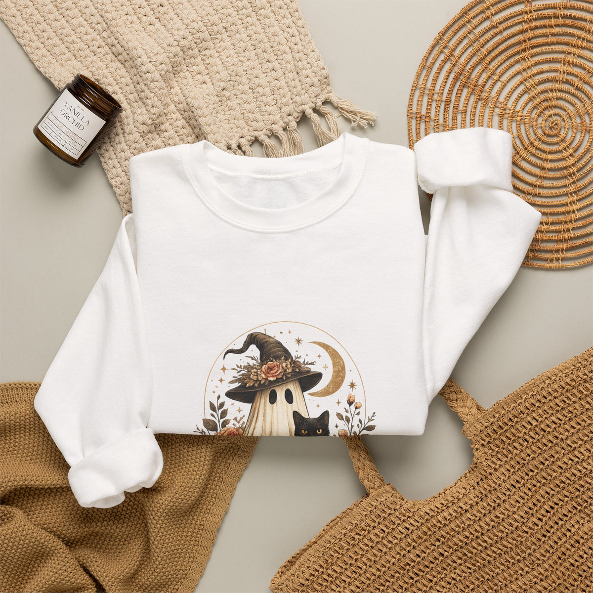Halloween Ghost & Black Cat Sweatshirt — Cute Pumpkin Witch Crewneck
