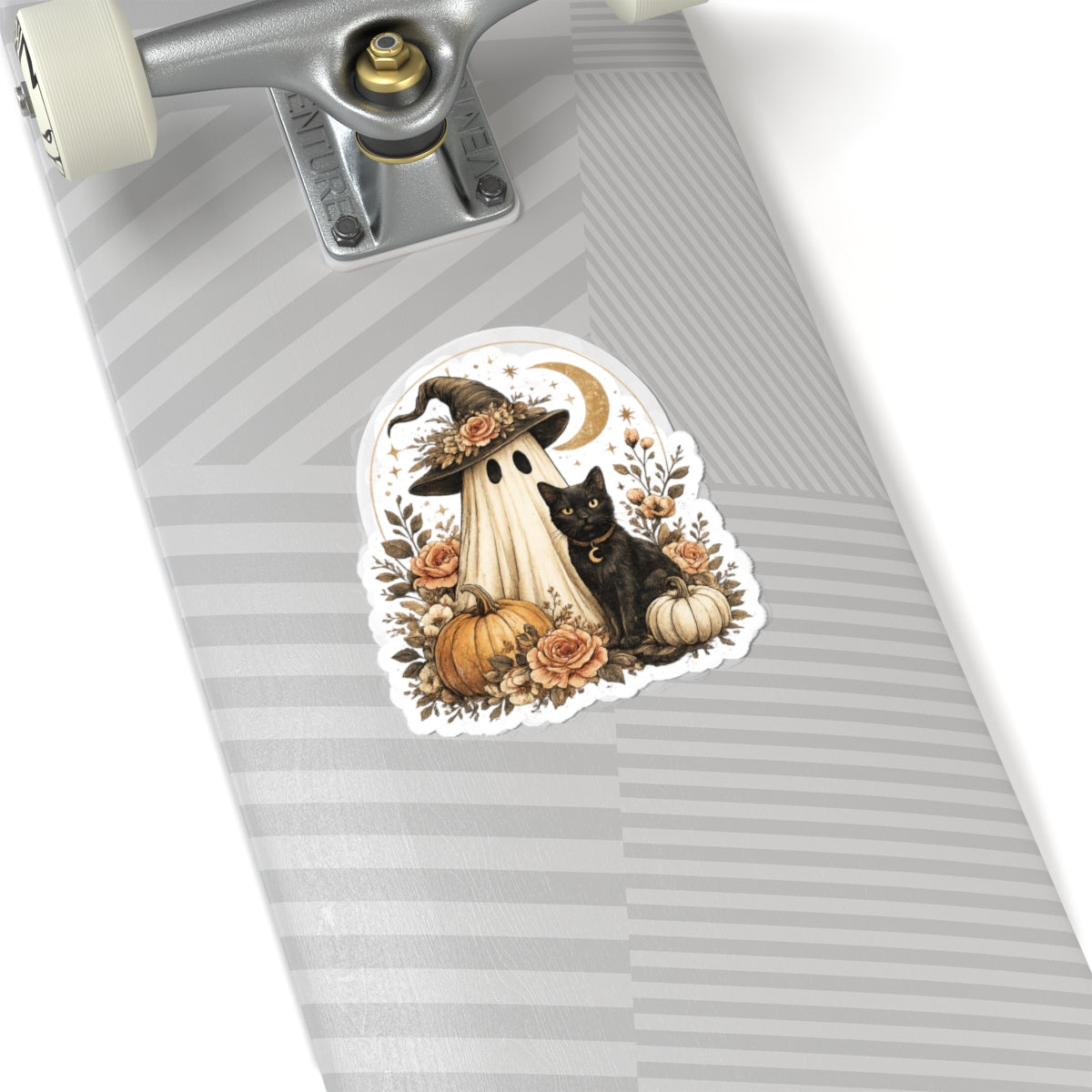Autumn Witch & Black Cat Kiss-Cut Sticker — Halloween Pumpkin Ghost Floral Decal
