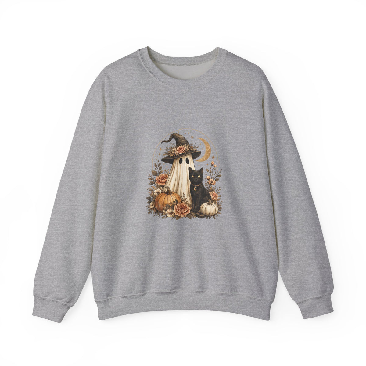 Halloween Ghost & Black Cat Sweatshirt — Cute Pumpkin Witch Crewneck