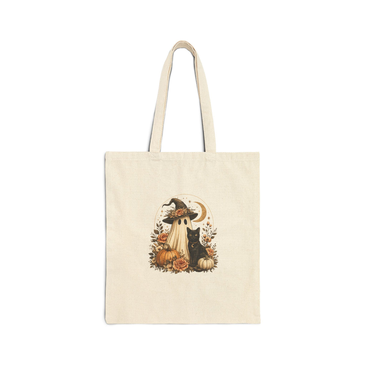 Halloween Witch & Black Cat Canvas Tote — Pumpkin Fall Market Bag