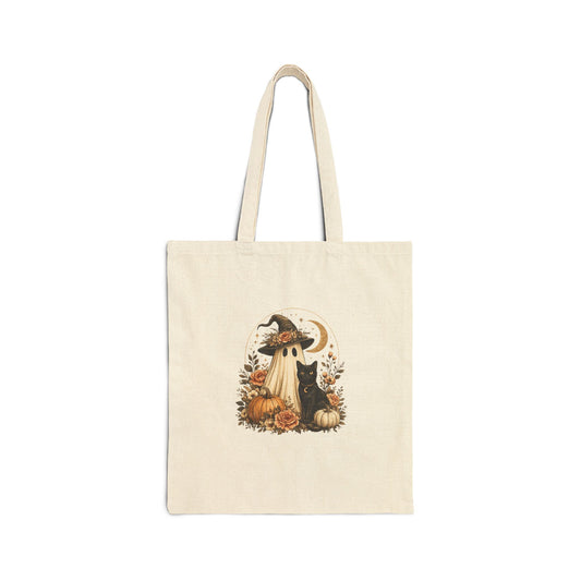 Halloween Witch & Black Cat Canvas Tote — Pumpkin Fall Market Bag